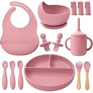 Trending on Amazon: LITTLE RAWR Silicone Baby Feeding Set 14 Pcs,Baby Led Weaning Supplies, Baby Spoons Suction Bowl Divided Plate Bib Cup Finger Brush,First Stage Solid Food Eating Utensils - 6+ Months(Deep Red)