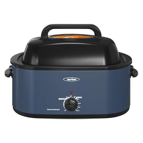 Mom's Pick of the Week: Sunvivi Roaster Oven, Electric Roaster Oven with Viewing Lid, 28lb 24-Quart Turkey Roaster with Unique Defrost/Warm Function, Large Roaster with Removable Pan & Rack, Stainless Steel, Blue
