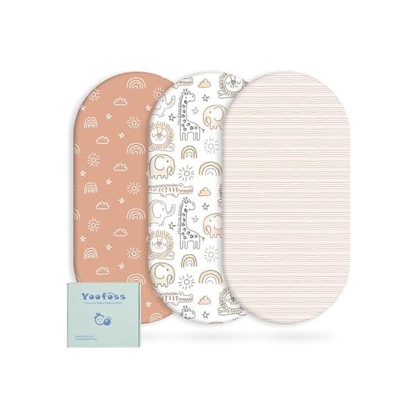 Toddler-Approved Amazon Find: Yoofoss Bassinet Sheets for Baby,3-Pack Fitted Bassinet Sheets Set Compatible with Halo Bassinest Swivel Sleeper,Baby Delight,Angelbliss,Soft Breathable Bassinet Mattress Sheets (Brown+Animals)