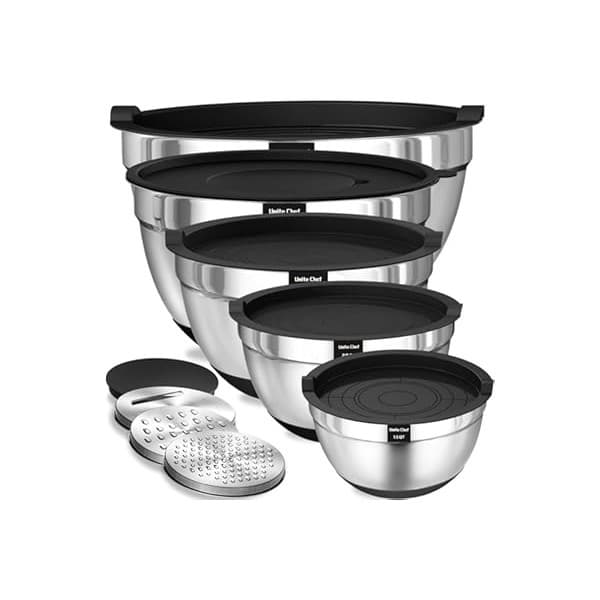 Kitchen Hack Alert: Umite Chef Mixing Bowls with Airtight Lids, 8PCS Stainless Steel Nesting Mixing Bowls Set, 3 Grater Attachments & Non-Slip Bottoms, Black Kitchen Bowls, Size 5, 4, 3.5, 2, 1.5QT for Baking & Serving
