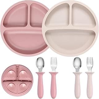 Mom's Pick of the Week: Eascrozn 2 Pack Silicone Divided Baby Plates with Suction, 2 Pack Toddler Forks and Spoons Set, BPA Free, Baby Feeding Set for Toddler Utensils, Microwave and Dishwasher Safe