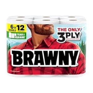 Amazon's Choice: Brawny Tear-A-Square 3-Ply Paper Towels, 6 Double Rolls = 12 Regular Rolls, Strong, Absorbent, and Durable with 3 Sheet Sizes (Quarter, Half, Full)