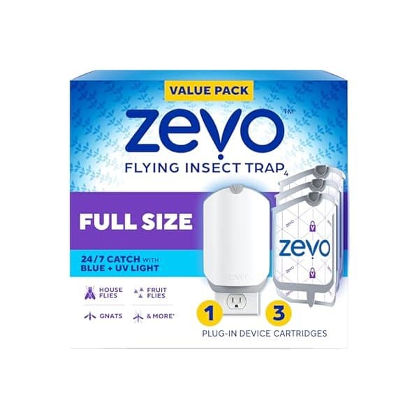 We Are Obsessed With This: Zevo Flying Insect Trap - Plug-in Indoor Fly Trap and Bug Light Trap Refill with Blue and UV Light - No-Mess Cartridge for House Flies, Fruit Fly Trap and Gnats (1 Plug-in Base and 3 Cartridges)