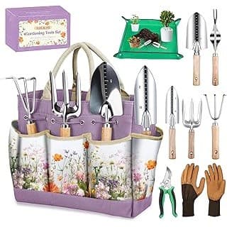 Baby Shower Gift Idea: Gardening Tools 9 Pcs Garden Tool Set Stainless Steel Purple Tote Bag Gifts | 9-Piece Gardening Gifts, Rust-Proof Stainless Steel, Ergonomic Wooden Handles, Mess-Free Repotting Mat, Garden Hand Tools