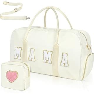 Hidden Gem Find: Mama Hospital Bag for Women Labor and Delivery Nylon Chenille Letter Embroidered Duffle Overnight Weekender Bag with Shoes Compartment and Mothers Day Gifts White