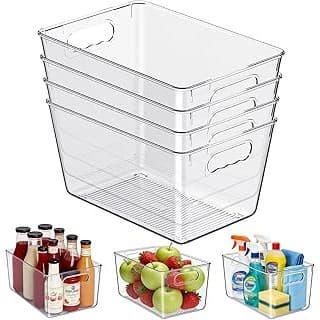 Limited Time Deal: Clear Plastic Storage Bins, 4-Pack Stackable Pantry Organizers and Storage Containers for Kitchen, Fridge, Cabinet and Closet Organization - Home Essentials