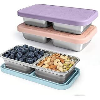 Kitchen Hack Alert: 3 Pack 15 oz Stainless Steel Snack Containers for Kids, Reusable Metal Snack Containers with Silicone Lids, 2 Compartment Stackable Metal Toddler Lunch Box for Daycare, School and Outdoor