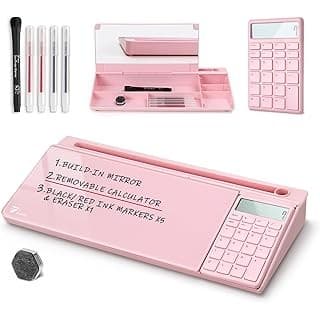 Trending on Amazon: TOWON Desk Dry Erase Board with Detachable Calculator, Small Glass Desktop Whiteboard, Desktop whiteboard - Glass Dry Erase White Board- Desk Computer Buddy for Home Office Supply, Pink, 17 x 6 in