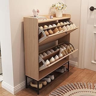 Mom's Pick of the Week: AVZEAR Narrow Shoe Storage Cabinet for Entryway with 2 Flip Drawers,Natural | Freestanding Narrow Shoe Cabinet with Natural Linen Panel, Slim Wood Shoe Organizer Closed Shoe Rack for Hallway, Foyer