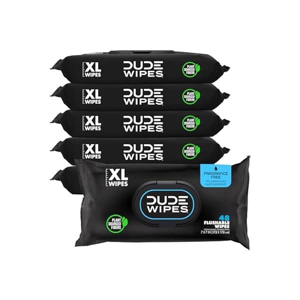 Trending on Amazon: DUDE Wipes Unscented Adult Flushable Wet Wipes, Sensitive Skin, 288 Count | 6 packs of 48 extra large flushable butt wipes. Hypoallergenic plastic-free wipes. 99% water, vitamin E, aloe. Septic safe.