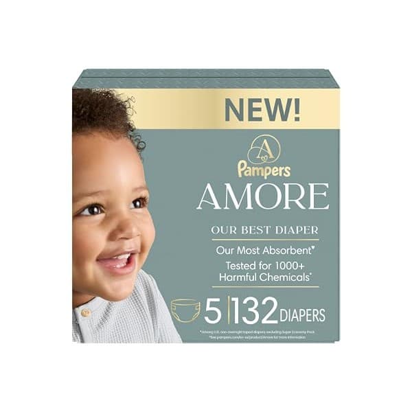 Pregnancy Hack: Pampers Amore, Size 5 (20-37 lbs), 132 Count, Our Best Diaper – Hypoallergenic & Fragrance Free, Up to 100% Leakproof, Soft as Cashmere