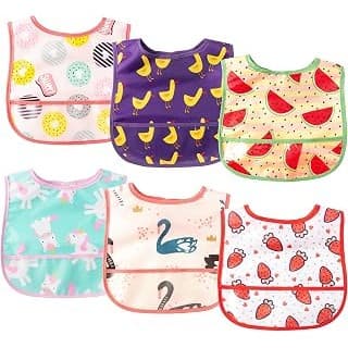 Budget Find You Need: 6Pcs Waterproof Baby Feeding Bibs, Mess Proof Toddler Bibs for Eating | Infant Food Bib with Crumb Catcher Pocket, Adjustable Food-Grade Sleeveless Bib, Baby Eating Essentials Keepsake, 6-24 Months