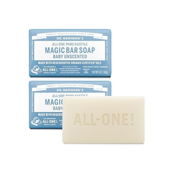 Hidden Gem Find: Dr. Bronner's Pure-Castile Baby Unscented Magic Bar Soaps - Made with Regenerative Organic Certified Oils - For Face, Hand, Hair Gentle on Sensitive Skin - Soap Bars for Men & Women - 2 Pack, 5 oz