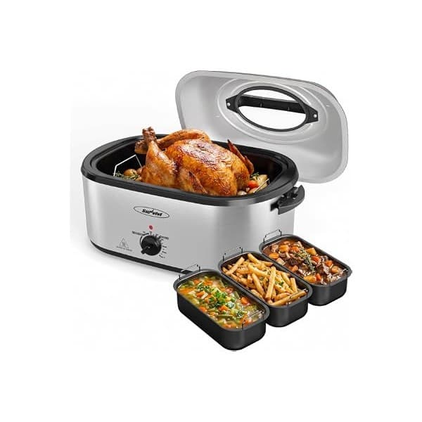 Hidden Gem Find: Sunvivi 28QT Electric Roaster Oven with 3 Buffet Server for 30lb Big Turkey | Turkey Roaster Pan with Self-Basting Lid, 150-450°F Temp Control, Defrost & Warm Functions, Removable Pan Rack Easy Cleanup