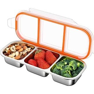 Limited Time Deal: Stainless Steel Snack & Lunch Container, Kids & Adults, 20 oz, 10.7 in Long | 3 Sealed Compartments, Dishwasher-safe, Leak-proof, Stackable, Clear lid, 10.7 in long, For daycare, school, work & travel