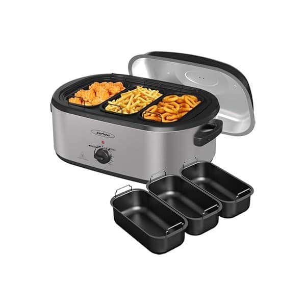 Pregnancy Hack: Sunvivi Electric Roaster Oven, 24 QT Turkey Roaster Oven with 3 Bin Buffet Server, 150-450F Full-Range Temperature Control, Removable Pan & Rack, Stainless Steel, Silver