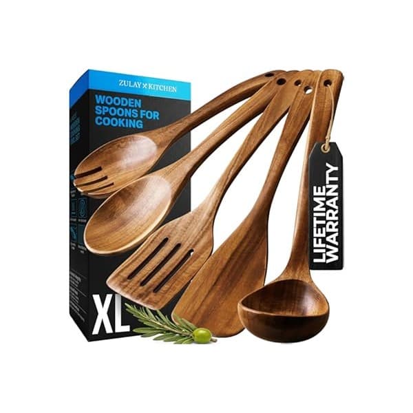 Trending on Amazon: Zulay Kitchen Extra-Large 5-Piece Wooden Spoon Set - Smooth Teak Cooking Utensils - Comfort-Grip Non-Stick Turner, Spatula, Skimmer, Fork, Serving Spoon