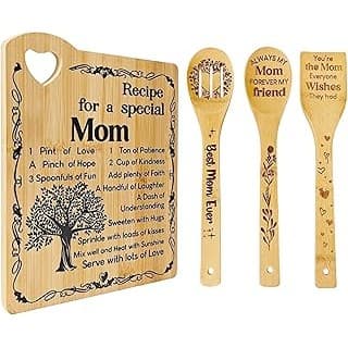 Back in Stock Alert: Mom Birthday Gifts - "Recipe for a Special Mom" Mother's Day Cutting Board Set, Bamboo-Made Engraved Utensil Set Sister Gifts from Son or Daughter