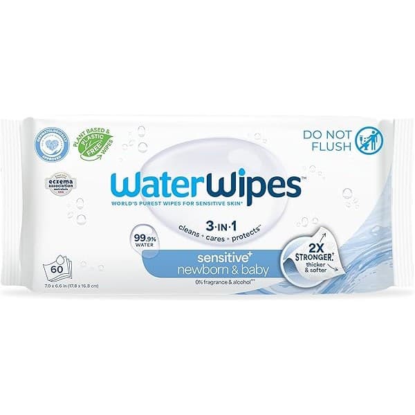 Amazon Deal Alert: WaterWipes Sensitive+ Newborn & Baby Wipes, 3-In-1 Cleans, Cares, Protects, 99.9% Water, Unscented & Hypoallergenic, 60 Count