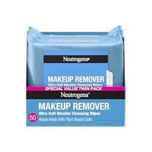 Baby Shower Gift Idea: Neutrogena Makeup Remover Micellar Wipes for Face Daily Gently Removes Oil Dirt and Waterproof Makeup in a Simple Fully Plant-Based Cloth, 2 pack of 25 ct