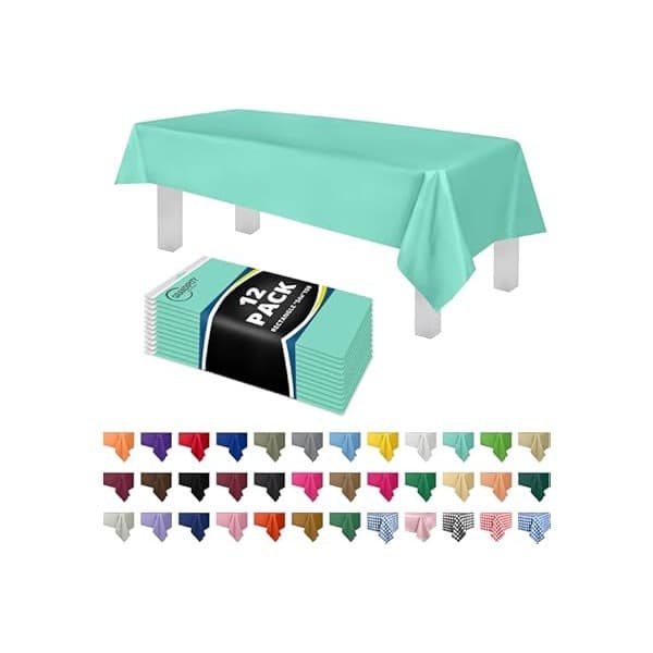 Trending on Amazon: Grandipity 12 Pack Premium Disposable Plastic Tablecloth 54 Inch. x 108 Inch. Decorative Rectangle Table Cover - Aqua