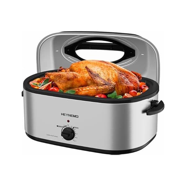 Baby Shower Gift Idea: 28 Quart Electric Roaster Oven with Visible & Self-Basting Lid, Large Turkey Roaster with Defrost Warm Function, Adjustable Temperature, Removable Pan Rack, Stainless Steel, Silver
