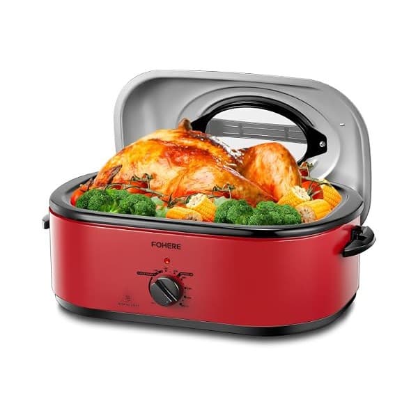 Mom's Pick of the Week: FOHERE 26QT Electric Roaster Oven with Visible & Self-Basting Lid, Large Turkey Roaster with Defrost & Warm Function, Adjustable Temperature Control, Removable Stainless Steel Pan & Rack, Red