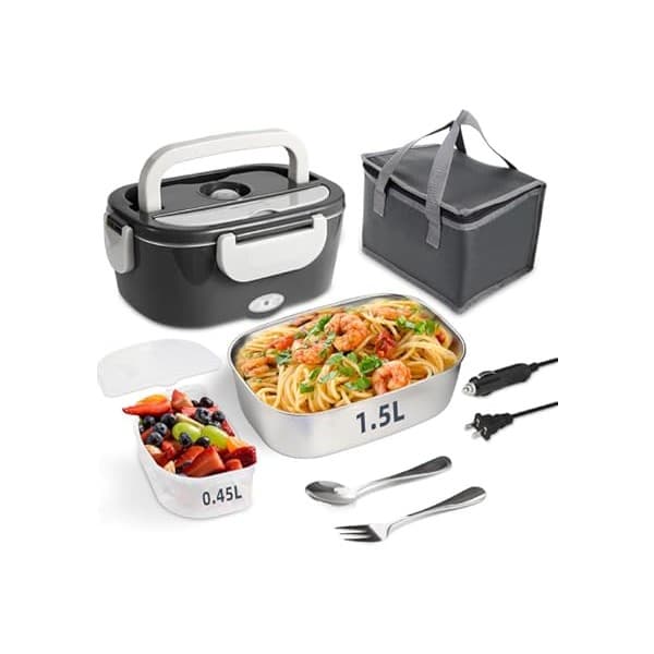 Trending on Amazon: SOHIDA Electric Lunch Box, 12V/24V/110V Portable Food Warmer with SS Fork & Spoon for Car/Truck/Office, 80W Self Heating Lunch Box with 1.5L 304 Stainless Steel Container & 0.45L PP Fruit Box Beige