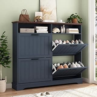 Toddler-Approved Amazon Find: Hidden Shoe Storage Cabinet with 4 Flip Drawers & Open Storage | Farmhouse Modern Shoes Rack Cabinet,Adjustable Shelves ,Narrow Slim Shoe Organizer for Entryway,Foyer,Hallway,Navy Blue