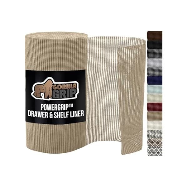 Pregnancy Hack: GORILLA GRIP powerGRIP Drawer Shelf and Cabinet Liner, Thick Strong Hold, Non-Adhesive Liners Protect Kitchen Cabinets and Cupboard, Bathroom Drawers, Easy Install, Breathable Mat, 12" x10', Beige