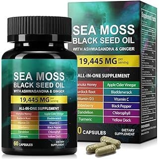 Hidden Gem Find: Sea Moss Black Seed Oil Ashwagandha Ginger, Sea Moss Capsule Supplement with Turmeric Burdock Root Bladderwrack Vitamin C Vitamin D3 Enhanced Immunity & Energy Black Seed Oil Capsule 60 Count