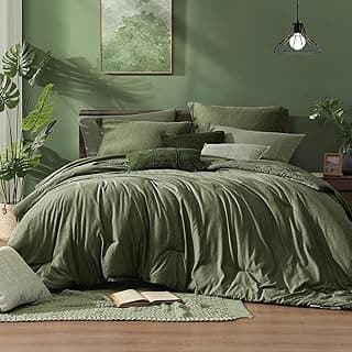 This Solves the Problem: Monbix Queen Comforter Set - 7 Pieces Cationic Dyeing Olive Green Bed in a Bag Queen Bedding Sets with Comforter, Sheets, Pillowcases & Shams, Reversible Bedding Comforters Sets