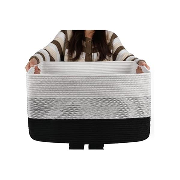 Toddler-Approved Amazon Find: OIAHOMY Large Blanket Basket, 22”x17”x12” Rectangle Woven Baskets, Nursery Blanket Storage Living Room, Toy Storage With Handle, Large Baskets for Organizing-Gradient Black