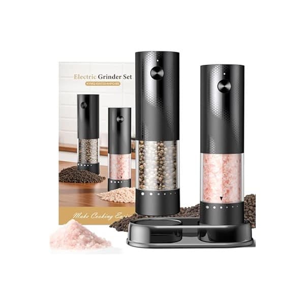 Price Drop: Electric Salt and Pepper Grinder Set - Rechargeable Automatic Salt and Pepper Shakers, Kitchen Appliances with External Adjustable Coarseness, Larger Hopper for Cooking, Home Gifts(2 Pack,Black/Black)