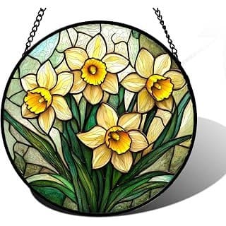 New Mom Must-Have: DASTOLL Stained Glass Window Hanging, Daffodil Plant Flowers Sun Catchers Diamond Glass Panel Hangings Suncatcher Decor for Birthday for Women, Men, Wife, Aunt, and Mom 6.3 in