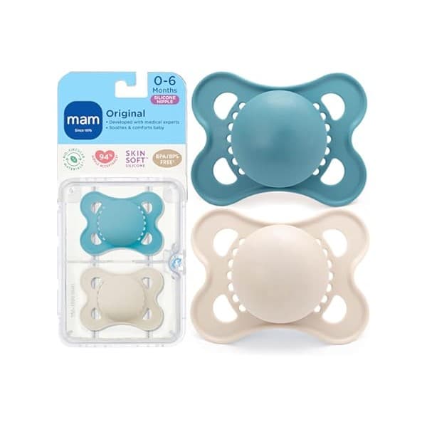 We Are Obsessed With This: MAM Original Matte Baby Pacifiers 0-6 Months, Binky for Newborn Babies, BPA-Free Skin Soft Silicone Nipple, Easy to Clean, Developed with Medical Experts, 2 Count, With Sterilizer Case, Made in Europe