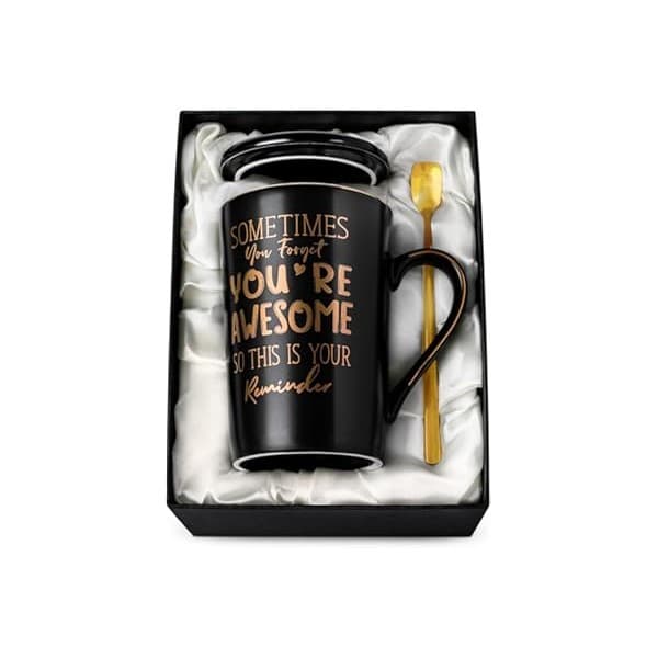 We Are Obsessed With This: Anniversary Birthday Thank You Gifts for Men, Sometimes You Forget You're Awesome - 14oz Unique Black Ceramic Inspirational Mug with Gold Print, Funny Valentines Day Presents for Boyfriend Husband Him