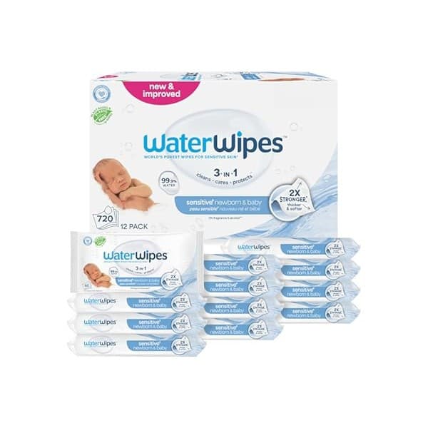 Hidden Gem Find: WaterWipes Sensitive+ Newborn & Baby Wipes, 3-In-1 Cleans, Cares, Protects, 99.9% Water, Unscented & Hypoallergenic, 720 Count (12 Packs)