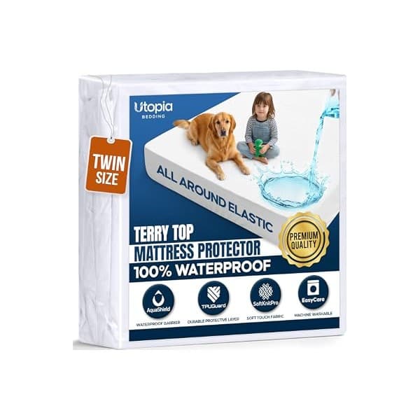 Hidden Gem Find: Waterproof Twin Size Mattress Protector fits Upto 15" deep Mattresses | Utopia Bedding 200 GSM Soft & Breathable Mattress Cover, Dirt-Proof, Noiseless, Machine Washable Fitted Sheet Style, White