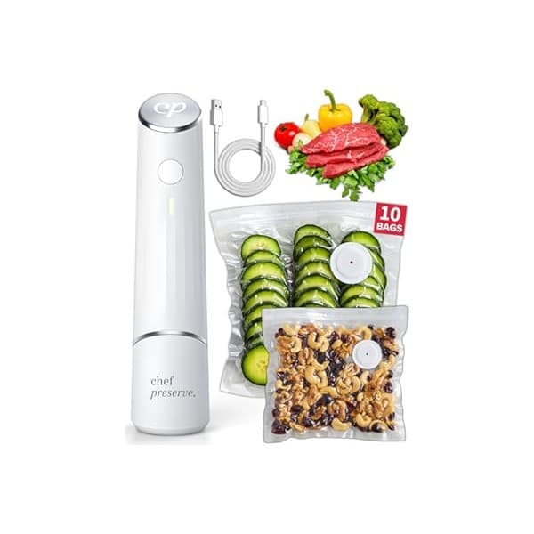 Amazon's Choice: Chef Preserve Compact Vacuum Sealer for Food (Vacuum Sealer Machine + 10 Reusable Vacuum Bags) Powerful Handheld Vacuum Sealer Machine, Seal Meal Saver, Portable Food Sealer
