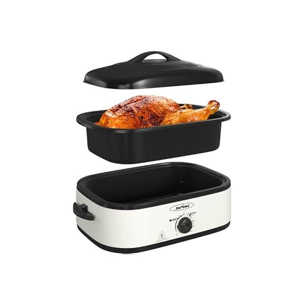 Best Amazon Buy Under: Sunvivi Electric Roaster Oven with Self-Basting Lid, 14-Quart Turkey Roaster Oven with Removable Pan and Rack, Stainless Steel, White