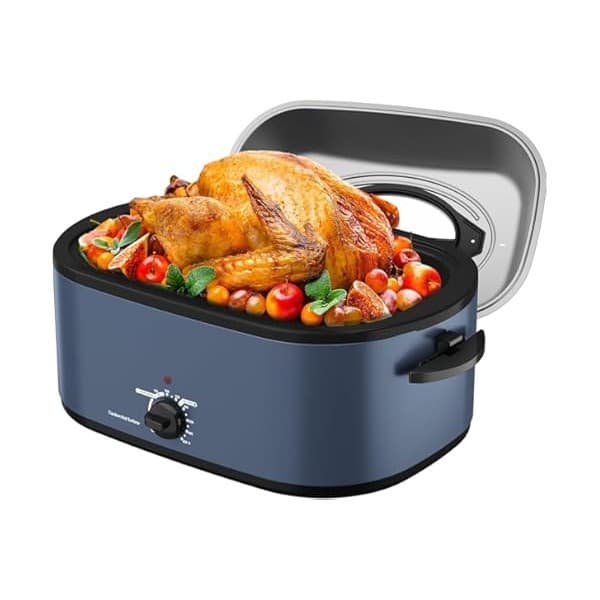 Back in Stock Alert: Sunvivi Electric Roaster, 28-Quart Electric Roaster Oven featuring a Glass Lid, Ideal for Turkey Roasting with Self-Basting Cover, Detachable Pan, Cool-Touch Handles, Blue