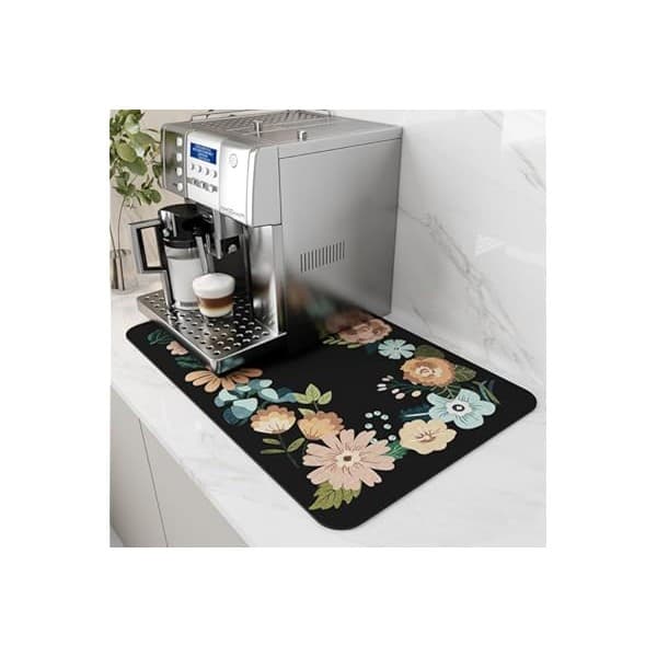 Baby Shower Gift Idea: AMOAMI Coffee Mat Hide Stain Rubber Backed Absorbent Dish Drying Mat for Kitchen Counter - Bar Accessories Fit Under Coffee Maker, Espresso Machine, Dish Rack - Floral Black 16x24