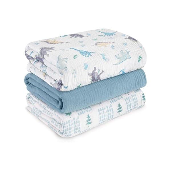 Pregnancy Hack: Muslin Swaddle Blankets for Newborn, 3 Pack Breathable Soft Receiving Blanket, Large 38 x 40 inches Swaddle Wrap Burping Clothes Diapers, Essentials Infant Shower Items, Toddler Gift (Blue Dinosaur)