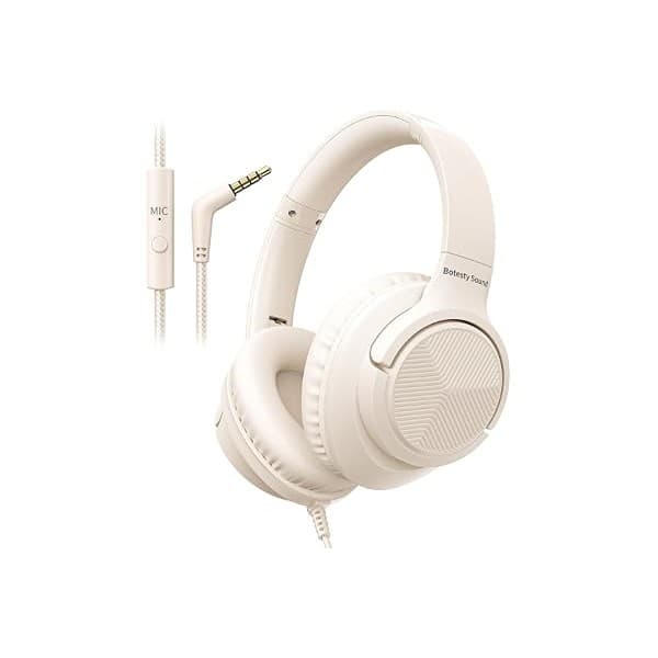 Best Amazon Buy Under: Botesty Sound Headphones Wired with Microphone, Over Ear Foldable 3.5mm Plug in Headphones Corded with 4.9ft Tangle-Free Nylon Cord for Tablet, Laptop, MP3/4, School, Airplane Travel (Beige)