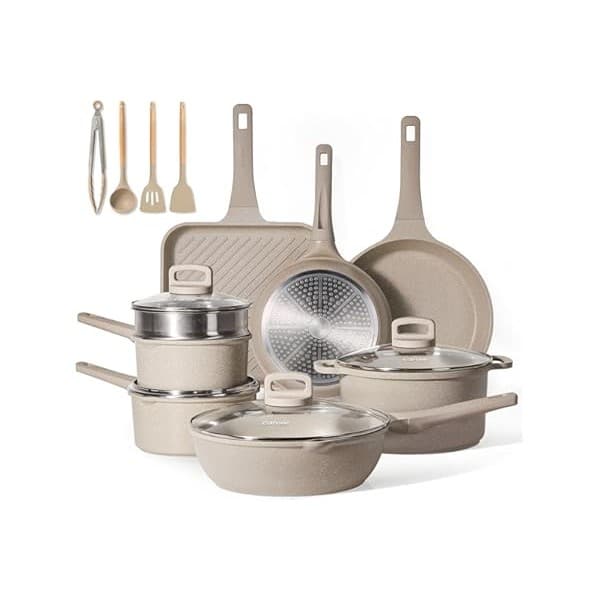Back in Stock Alert: CAROTE Pots and Pans Set Non Stick, 16Pcs Kitchen Cookware Set, Stackable Induction Cookware, Pot and Pan set, Pans for Cooking, Taupe Granite,Pots and Pans Set Non Stick,