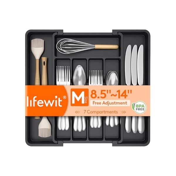 Perfect Gift Idea: Lifewit Expandable Silverware Organizer, Plastic Utensil Tray for Kitchen Drawer, BPA Free Flatware Cutlery Holder, Space-Saving Storage for Spoons Forks Knives, 8.5-14 x 12 x 1.5 inch, Black