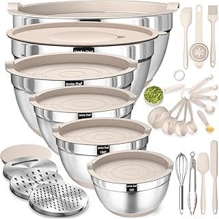 Price Drop: Mixing Bowls with Airtight Lids Set, 26PCS Stainless Steel Khaki Bowls with Grater Attachments, Non-Slip Bottoms & Kitchen Gadgets Set, Size 7, 4, 2.5, 2.0,1.5, 1QT, Great for Mixing & Serving