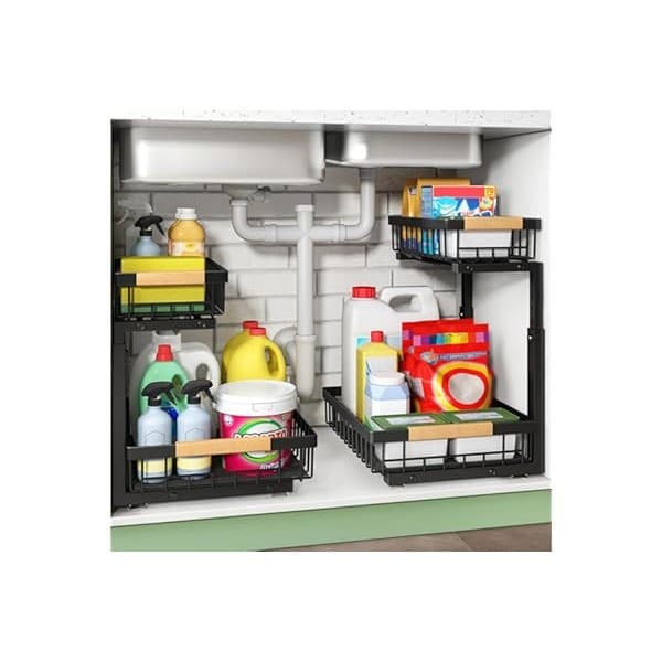 Baby Shower Gift Idea: Kitstorack Under Sink Organizer, 2 Tier Under the Sink Storage, Slide out Pull out Cabinet Organizer Shelf, Metal Sliding Drawer for Kitchen Bathroom Pantry Closet Organization Rack, Black, 1 Pack