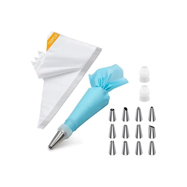 Limited Time Deal: Tamodan Piping Bags and Tips, Cake Piping Bags and Tips Suitable for Beginners Included 100PCS 16 Inch Disposable Piping Bags with 12 Piping Tips Set, 2 Coupler and 1 Reusable Pastry Bags